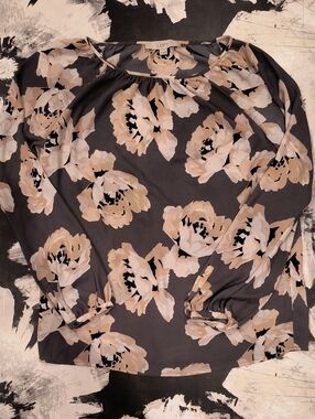 LOFT Gray Blouse with Taupe and Cream Floral Print